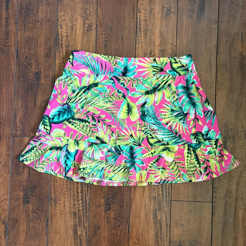 Tommy Bahama Tropical Ruffle Skort Womens M Pink Green Print Golf Performance